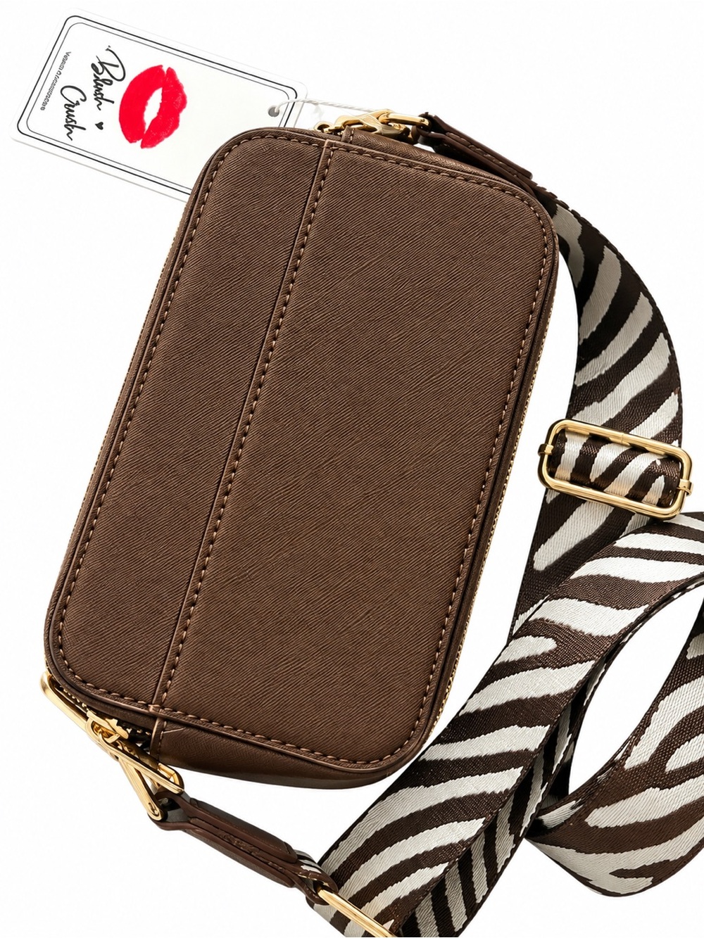 & Other Stories Brown Phone Crossbody with Zebra-Print Strap